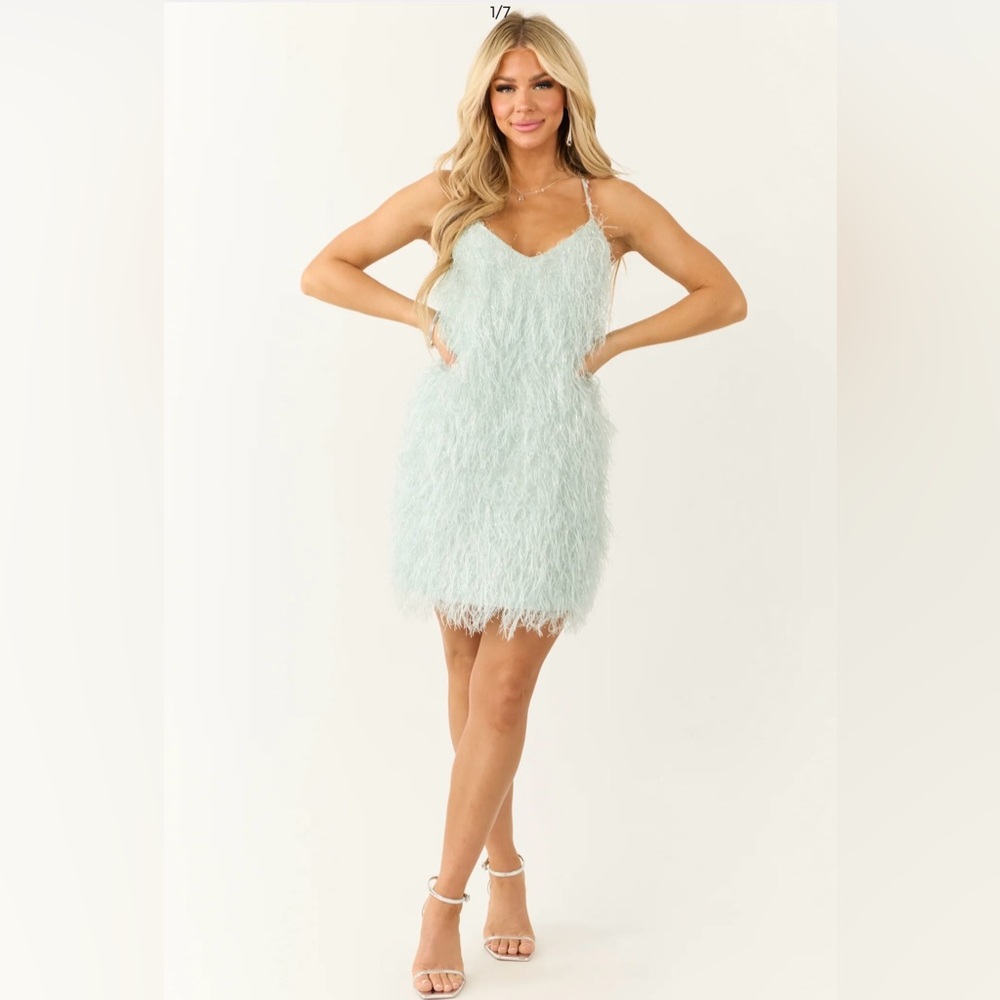 Mint Metallic Feather Textured Mini Dress